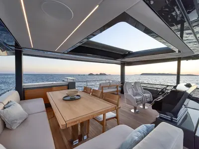 Deck of Prestige M7, a catamaran at Bacoli, Italy
