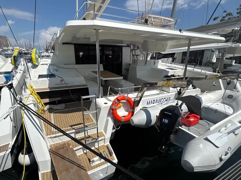 Exterior view of Maravigghia, a Fountaine Pajot Elba 45 catamaran at Palermo, Italy