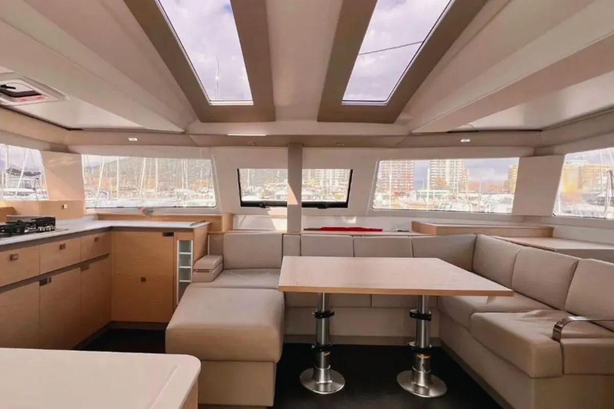 Salon of Maravigghia, a Fountaine Pajot Elba 45 catamaran at Palermo, Italy