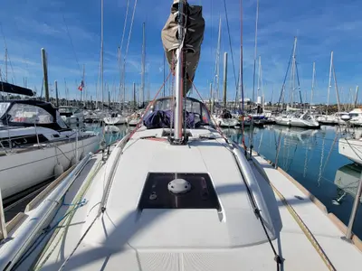 Deck of Grenat, a Jeanneau Sun Odyssey 379 sailboat at Saint-Cast-le-Guildo, France