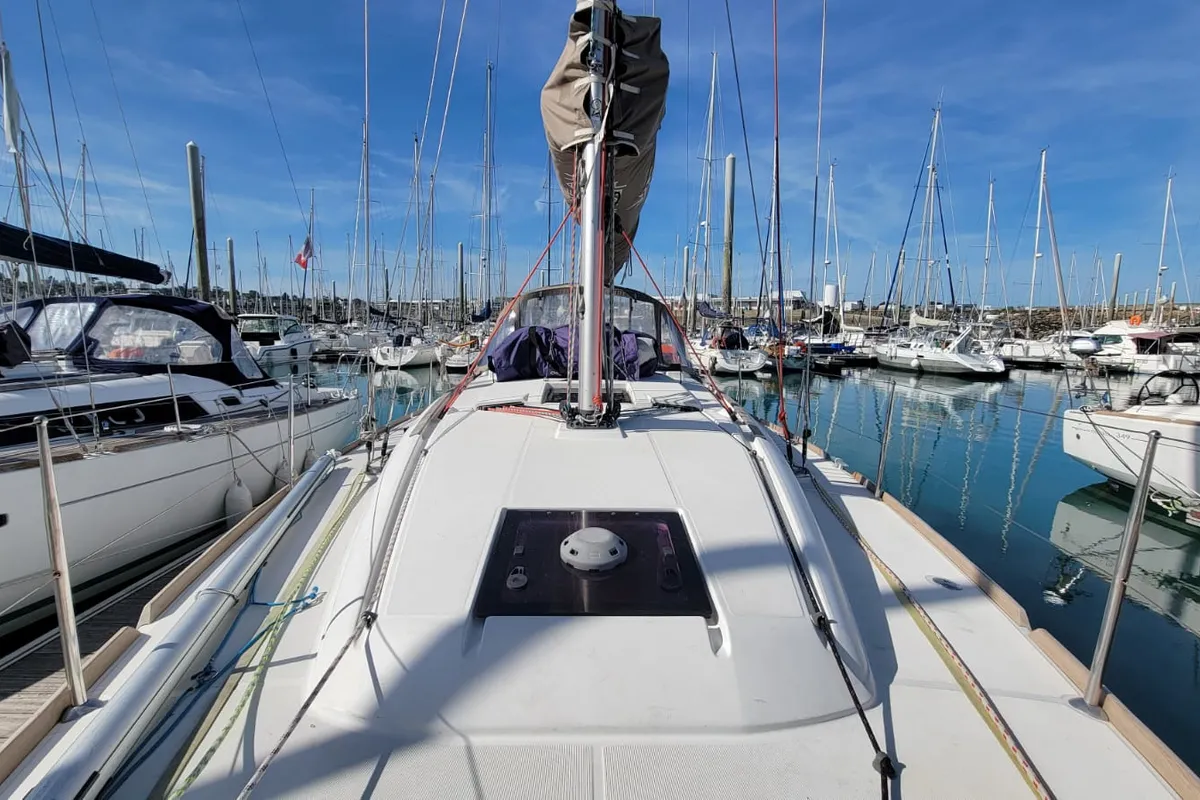 Deck of Grenat, a Jeanneau Sun Odyssey 379 sailboat at Saint-Cast-le-Guildo, France