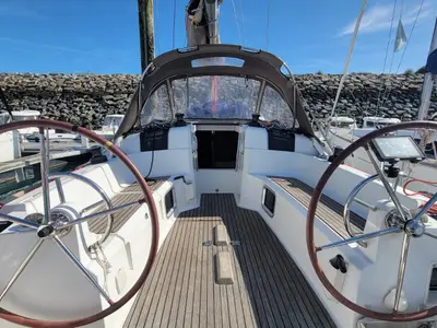 Cockpit of Grenat, a Jeanneau Sun Odyssey 379 sailboat at Saint-Cast-le-Guildo, France