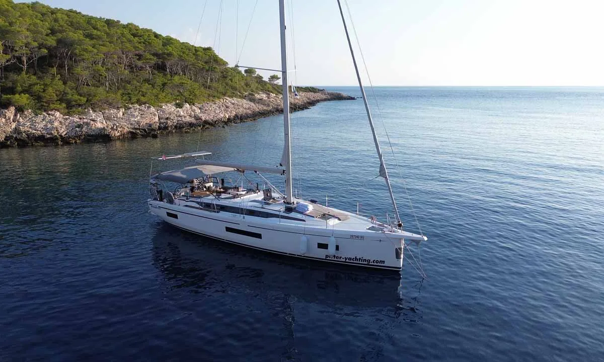 Exterior view of Estinella, a Bavaria C46 sailboat at Grad Trogir, Croatia