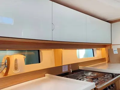 Galley of Estinella, a Bavaria C46 sailboat at Grad Trogir, Croatia