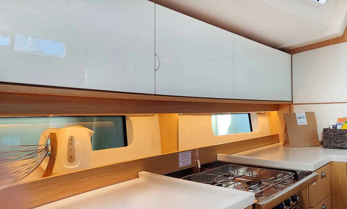 Galley of Estinella, a Bavaria C46 sailboat at Grad Trogir, Croatia