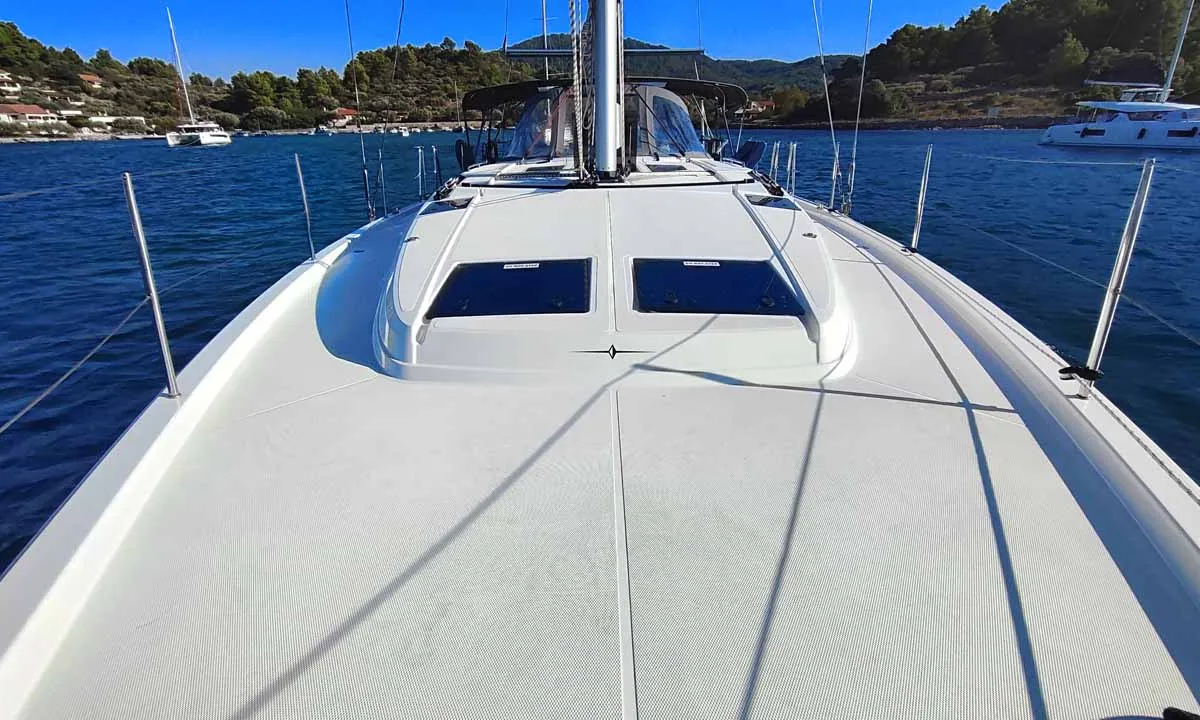 Deck of Estinella, a Bavaria C46 sailboat at Grad Trogir, Croatia