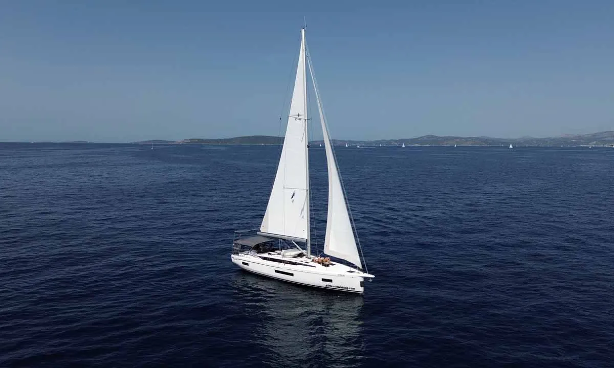 Exterior view of Estinella, a Bavaria C46 sailboat at Grad Trogir, Croatia