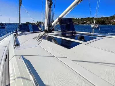 Deck of Estinella, a Bavaria C46 sailboat at Grad Trogir, Croatia