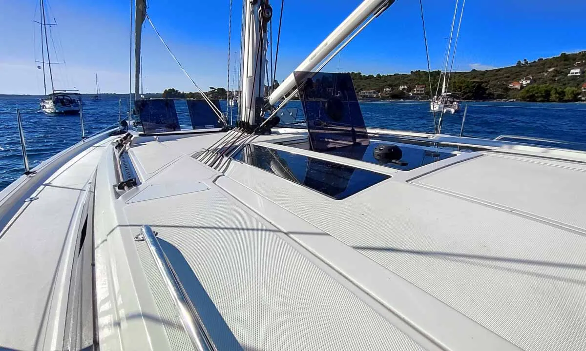 Deck of Estinella, a Bavaria C46 sailboat at Grad Trogir, Croatia
