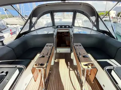 Cockpit of Estinella, a Bavaria C46 sailboat at Grad Trogir, Croatia