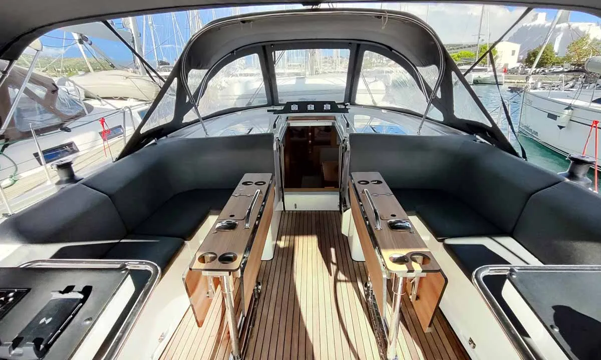 Cockpit of Estinella, a Bavaria C46 sailboat at Grad Trogir, Croatia