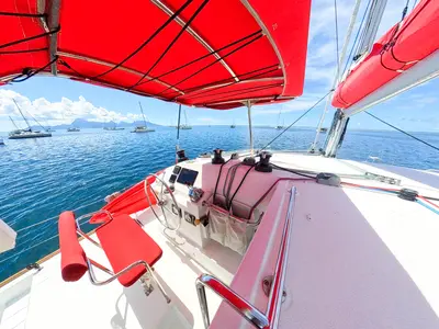 Cockpit of Poe Reva, a Lagoon 400 S2 catamaran at Papeete, France