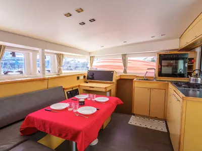 Salon of Poe Reva, a Lagoon 400 S2 catamaran at Papeete, France