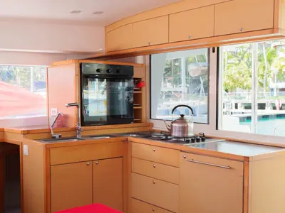 Galley of Poe Reva, a Lagoon 400 S2 catamaran at Papeete, France
