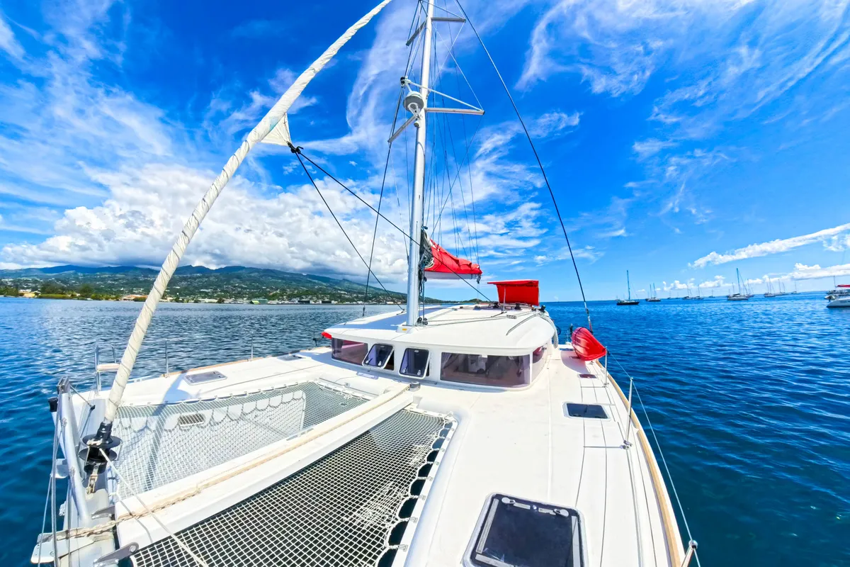Deck of Poe Reva, a Lagoon 400 S2 catamaran at Papeete, France
