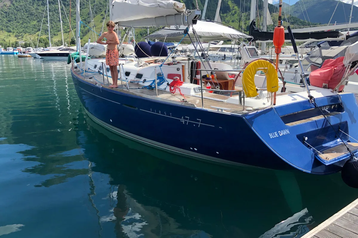 Exterior view of Blue Dawn, a Beneteau First 47.7 sailboat at Bergen, Norway