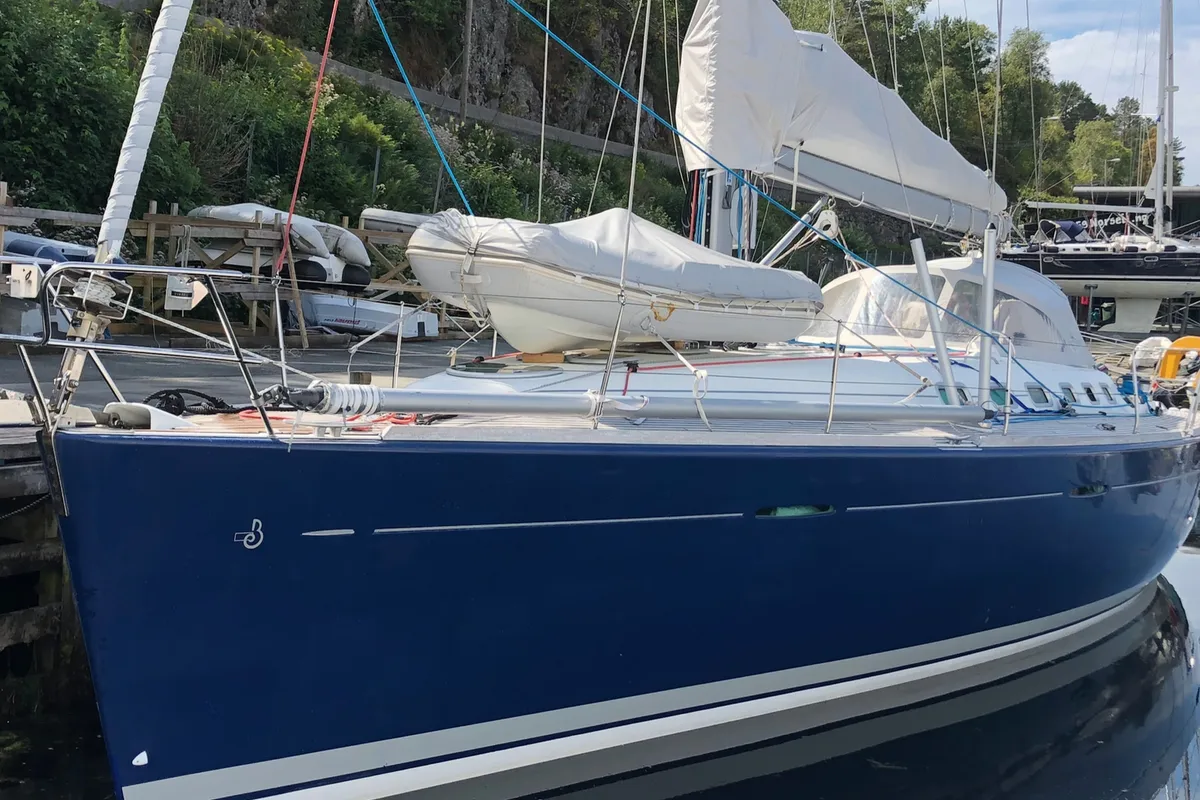 Exterior view of Blue Dawn, a Beneteau First 47.7 sailboat at Bergen, Norway