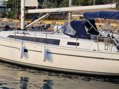 Exterior view of Odysseas, a Bavaria Cruiser 37 sailboat at Athens, Greece