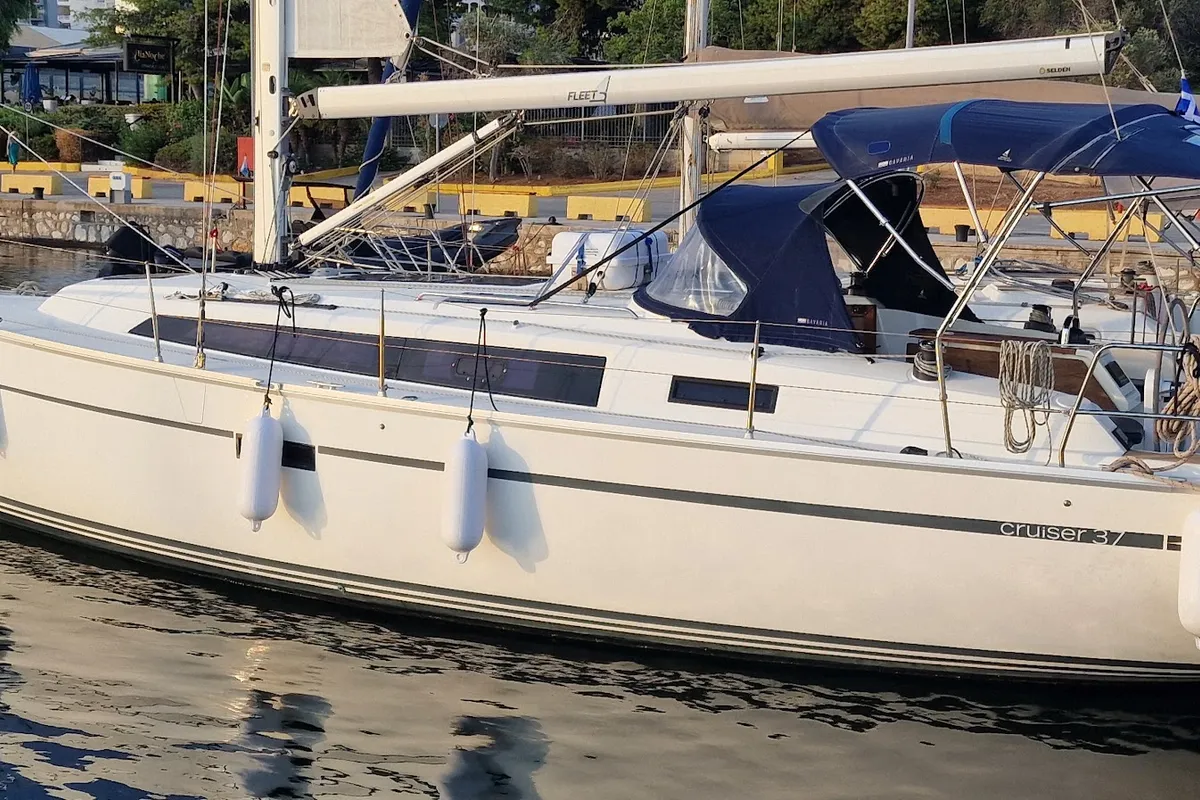 Exterior view of Odysseas, a Bavaria Cruiser 37 sailboat at Athens, Greece