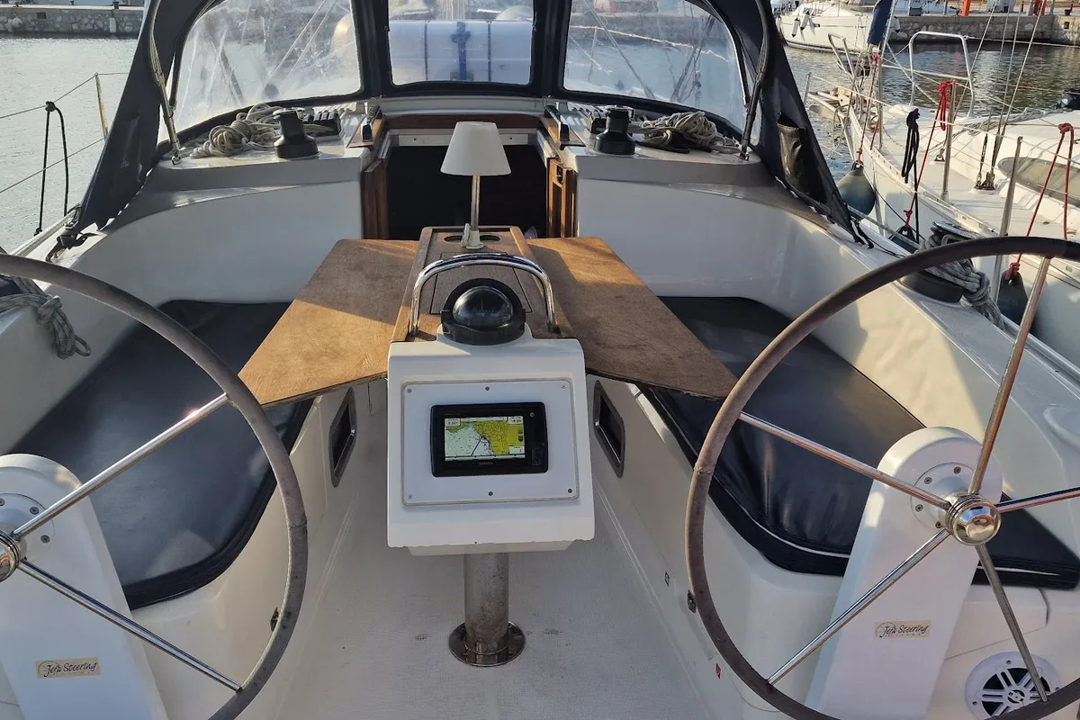 Cockpit of Odysseas, a Bavaria Cruiser 37 sailboat at Athens, Greece