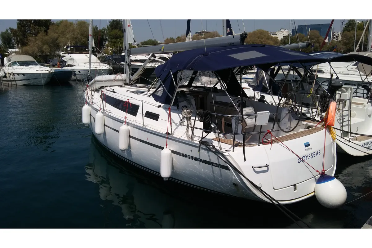 Exterior view of Odysseas, a Bavaria Cruiser 37 sailboat at Athens, Greece