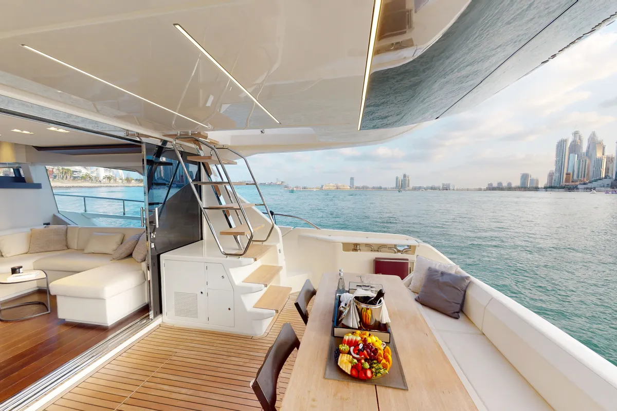 Aquilla 670, a Ferretti 670 motor yacht at Dubai Harbour, United Arab Emirates