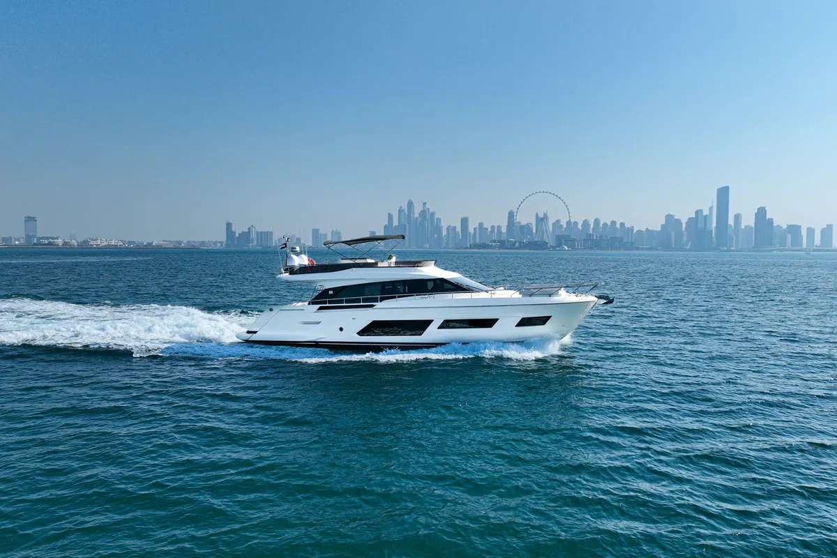 Aquilla 670, a Ferretti 670 motor yacht at Dubai Harbour, United Arab Emirates