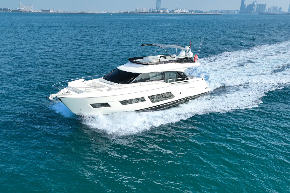 Aquilla 670, a Ferretti 670 motor yacht at Dubai Harbour, United Arab Emirates