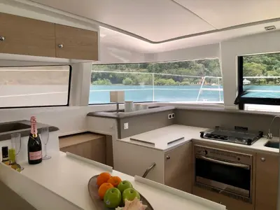 Galley of Zeta, a Bali 4.1 catamaran at Piombino, Italy