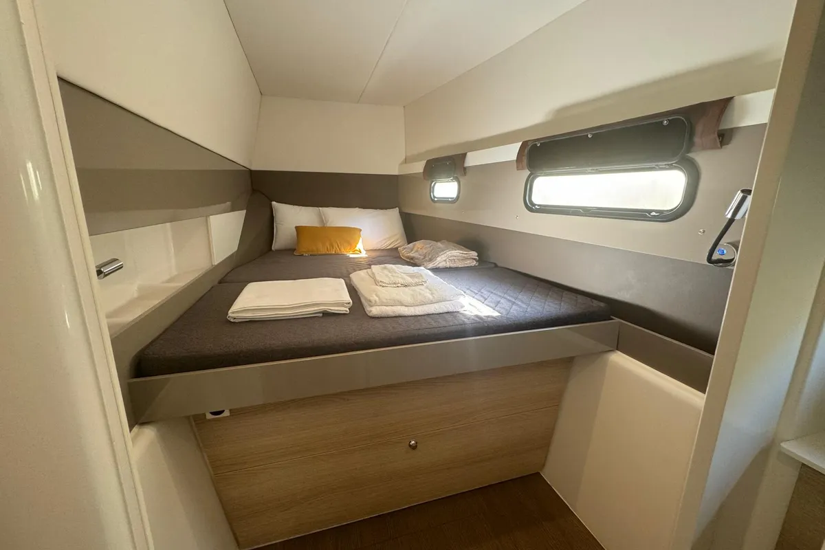 Cabin on Zeta, a Bali 4.1 catamaran at Piombino, Italy