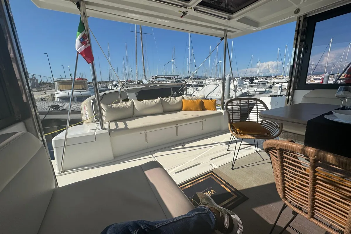 Deck of Zeta, a Bali 4.1 catamaran at Piombino, Italy