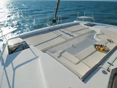 Deck of Zeta, a Bali 4.1 catamaran at Piombino, Italy