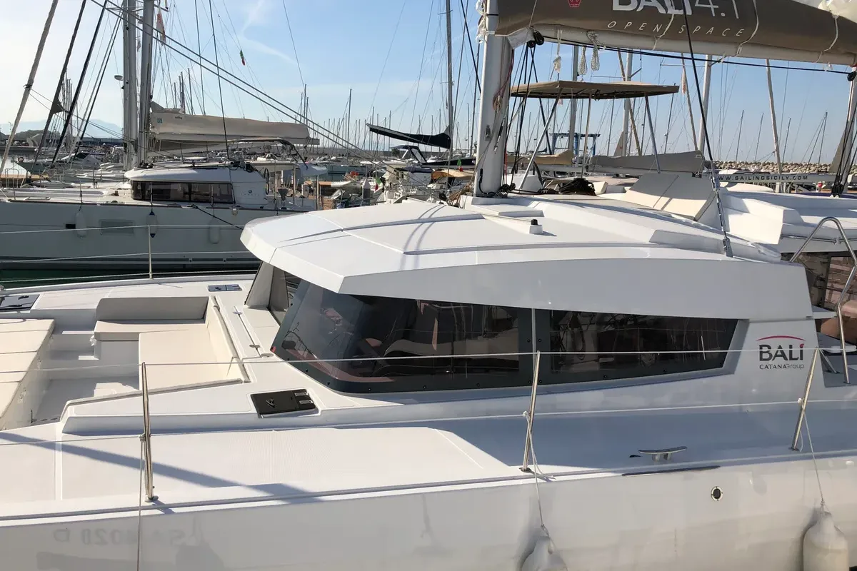 Exterior view of Zeta, a Bali 4.1 catamaran at Piombino, Italy