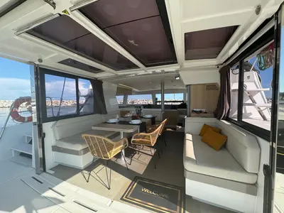 Salon of Zeta, a Bali 4.1 catamaran at Piombino, Italy