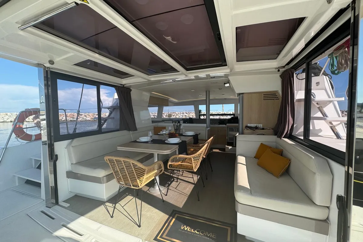 Salon of Zeta, a Bali 4.1 catamaran at Piombino, Italy