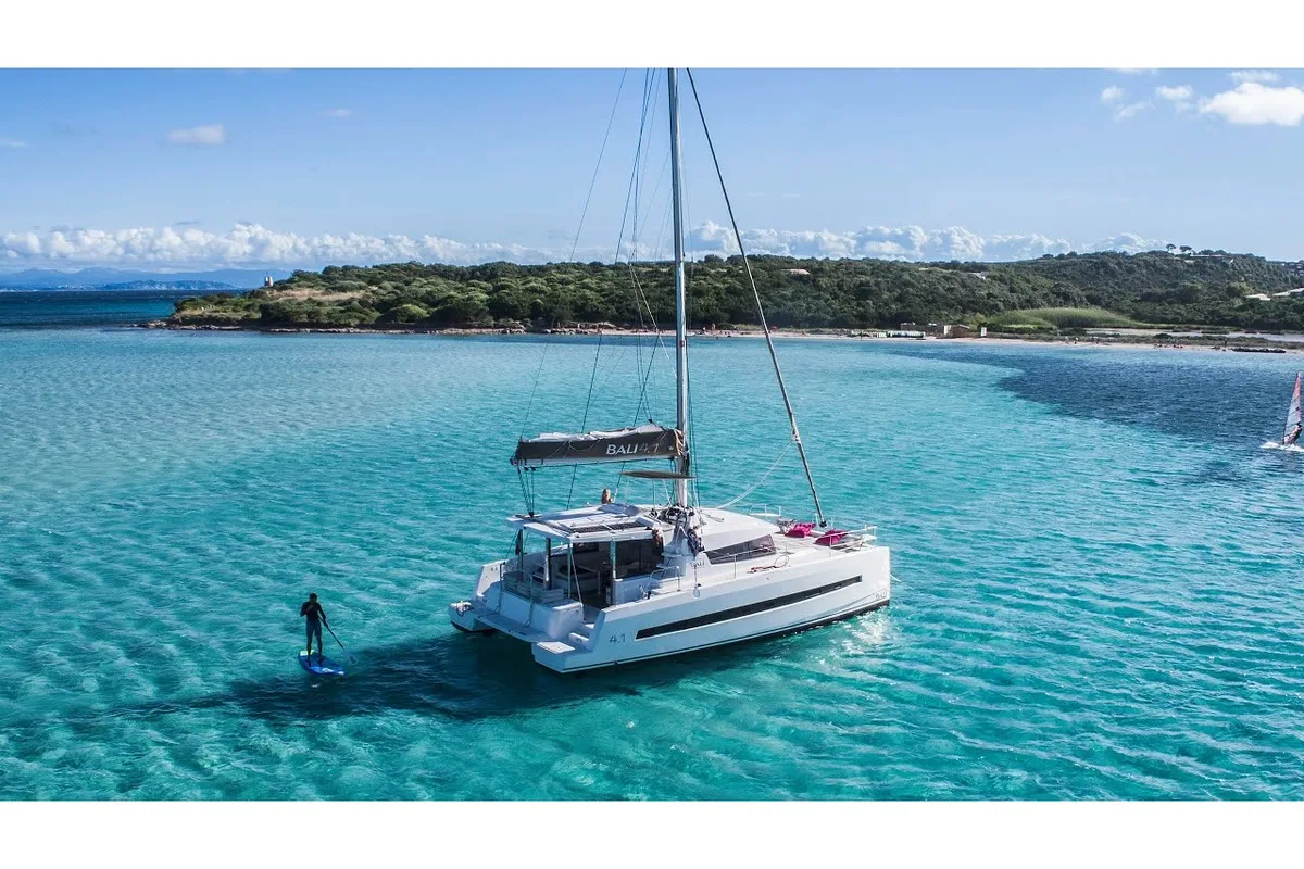 Exterior view of Zeta, a Bali 4.1 catamaran at Piombino, Italy