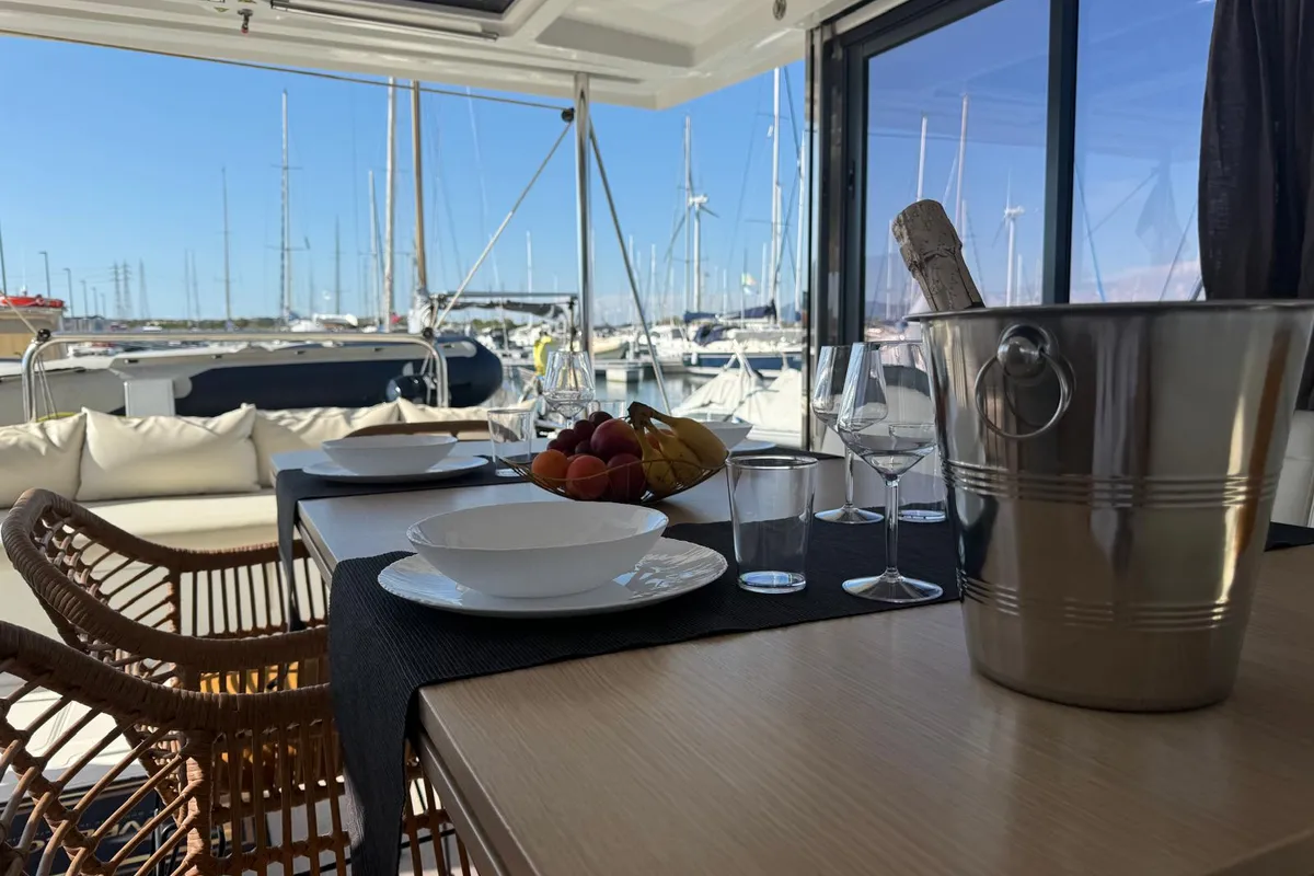 Deck of Zeta, a Bali 4.1 catamaran at Piombino, Italy
