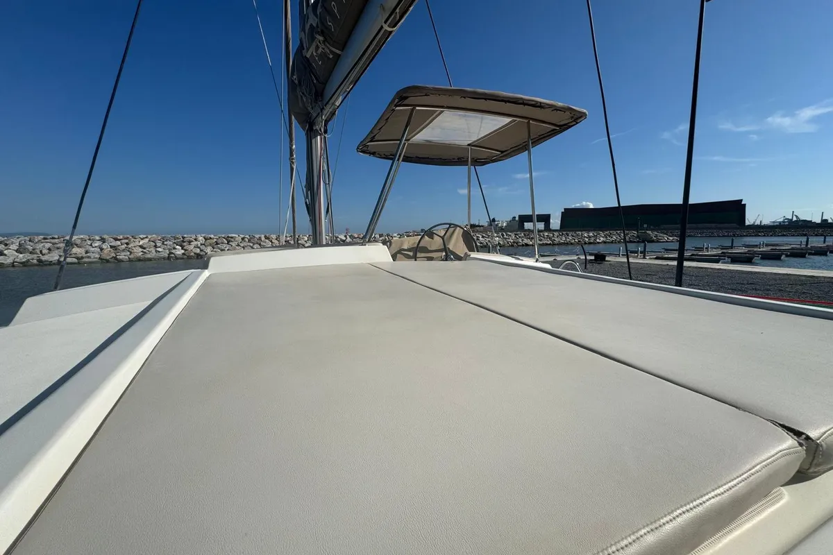 Deck of Zeta, a Bali 4.1 catamaran at Piombino, Italy