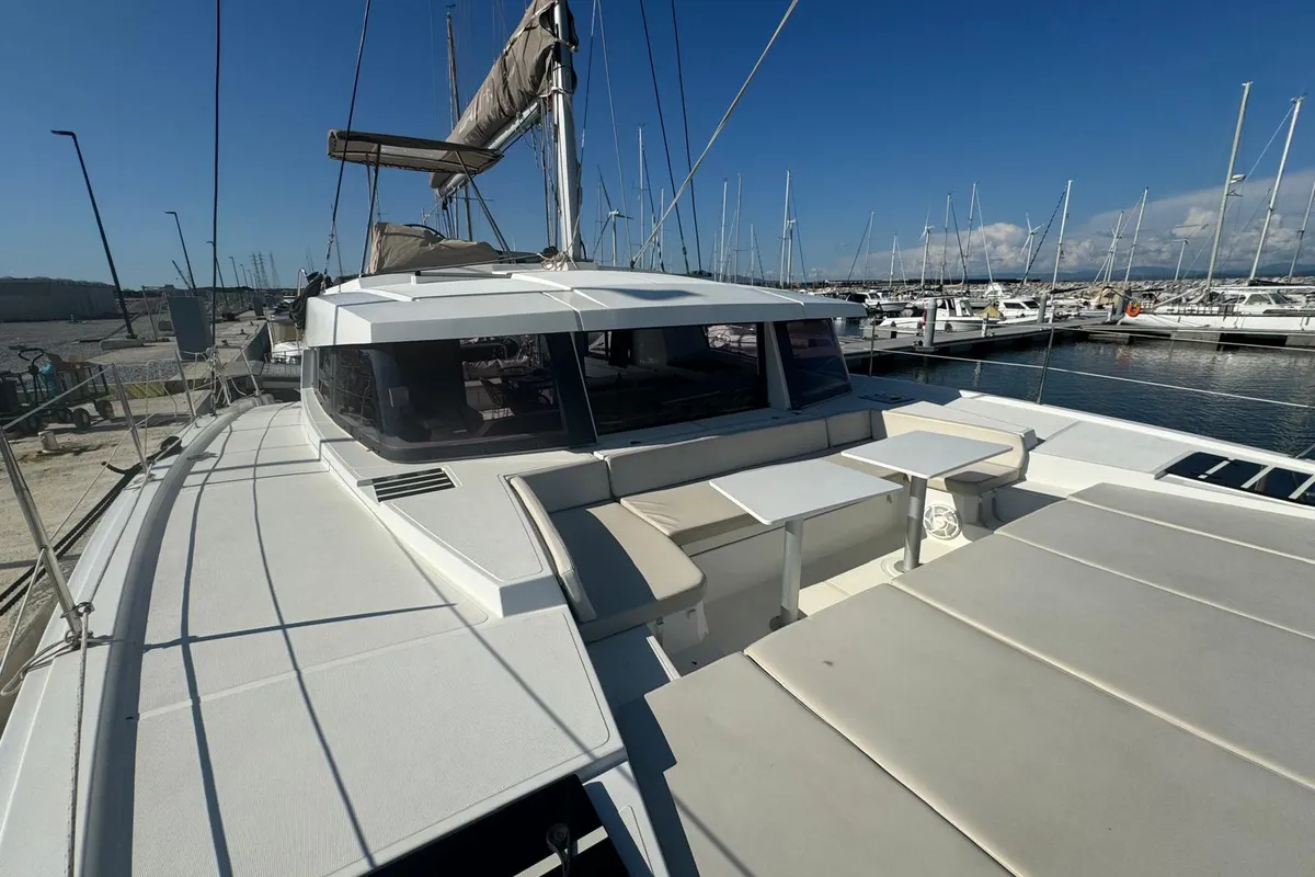 Deck of Zeta, a Bali 4.1 catamaran at Piombino, Italy