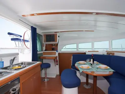 Salon of Calypso, a Lagoon 380 catamaran at Volos, Greece