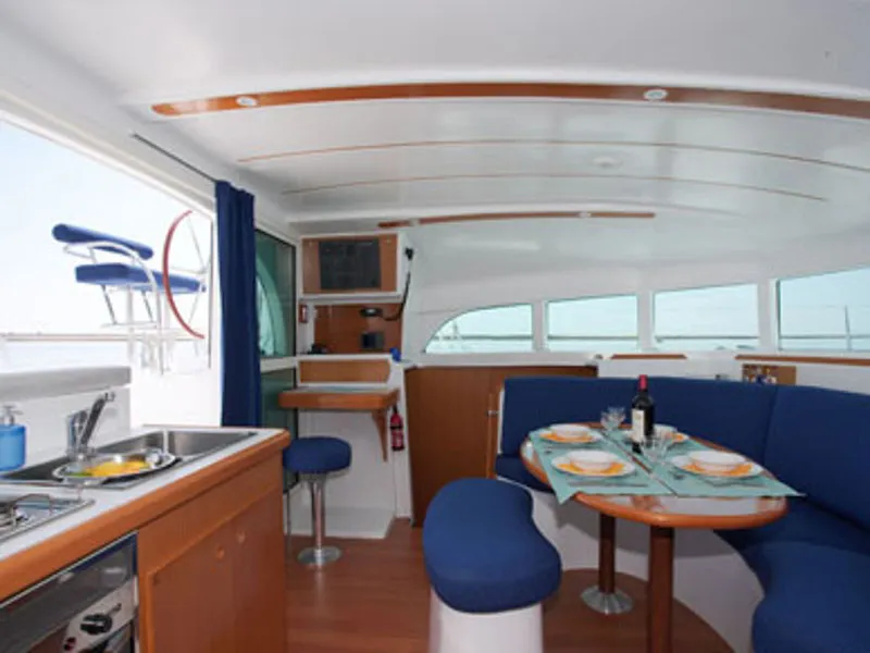 Salon of Calypso, a Lagoon 380 catamaran at Volos, Greece