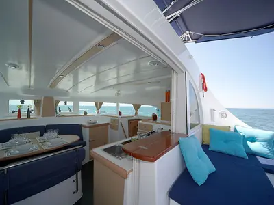 Deck of Calypso, a Lagoon 380 catamaran at Volos, Greece