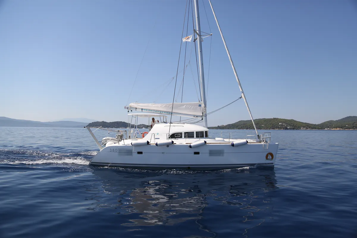 Exterior view of Calypso, a Lagoon 380 catamaran at Volos, Greece
