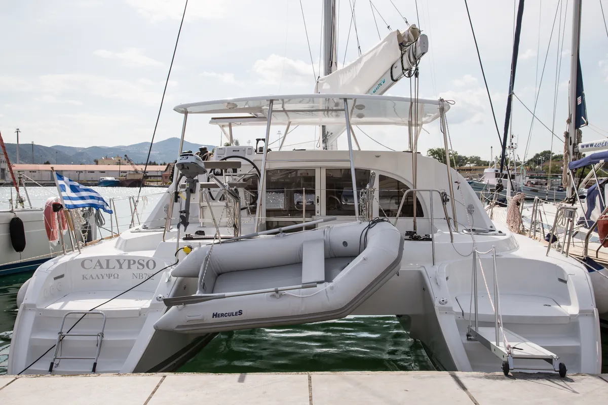 Exterior view of Calypso, a Lagoon 380 catamaran at Volos, Greece