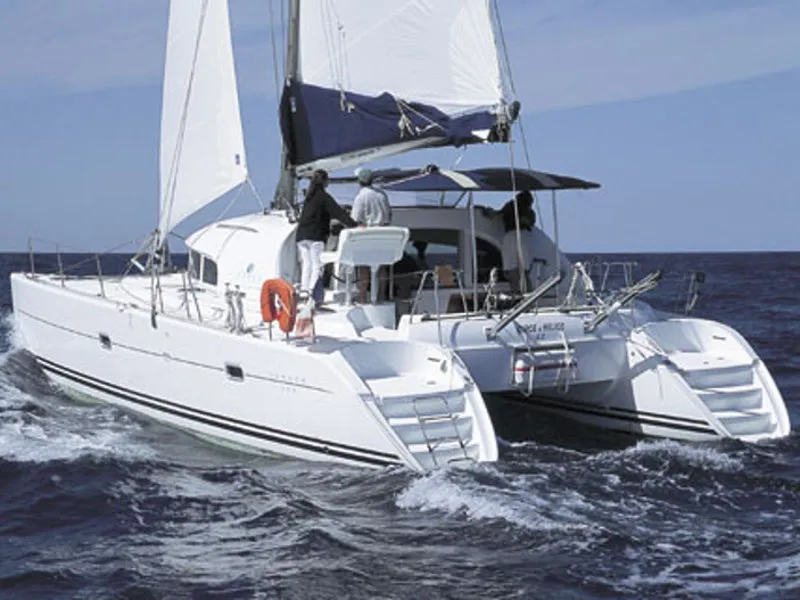 Exterior view of Calypso, a Lagoon 380 catamaran at Volos, Greece