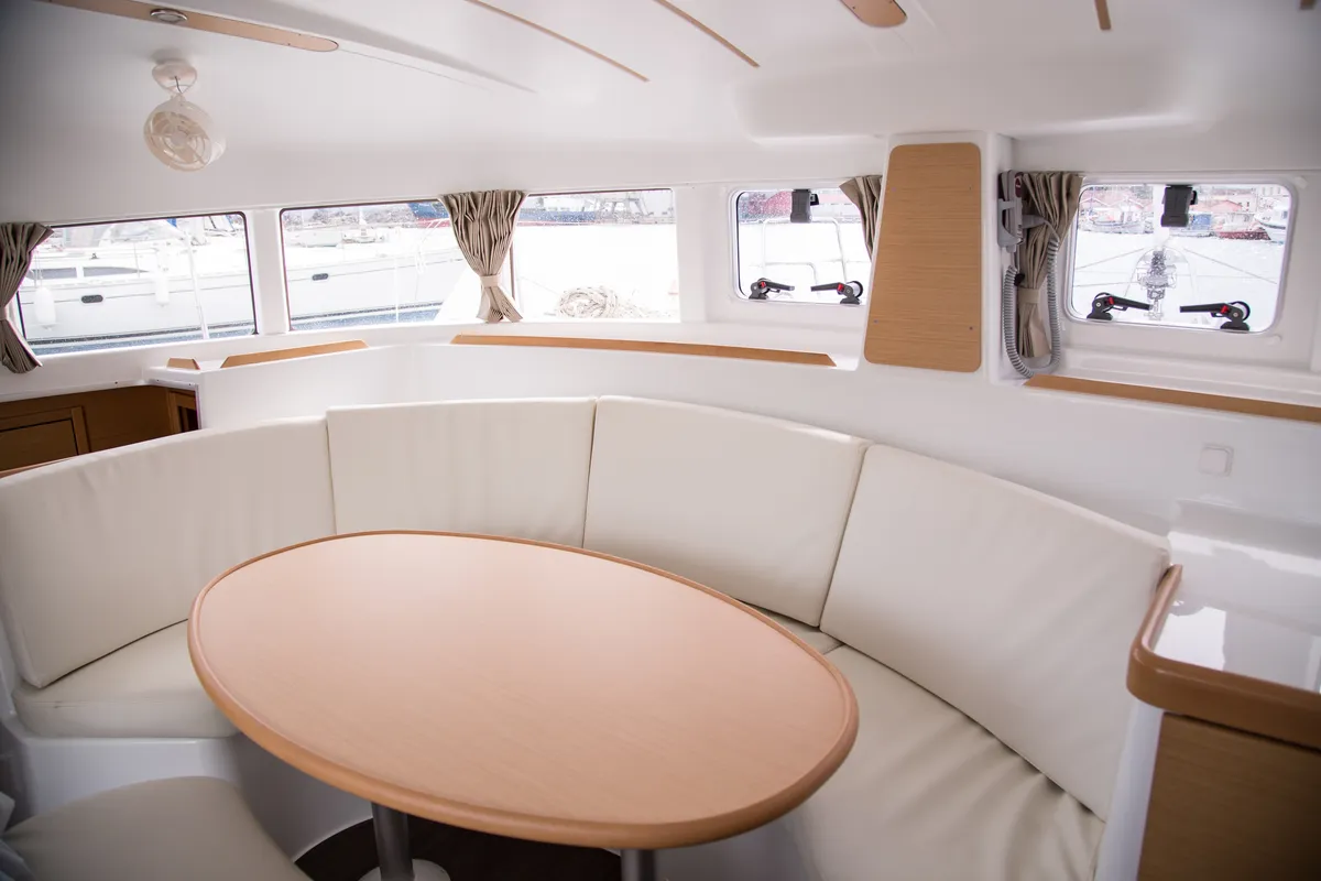 Salon of Calypso, a Lagoon 380 catamaran at Volos, Greece