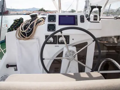 Cockpit of Calypso, a Lagoon 380 catamaran at Volos, Greece