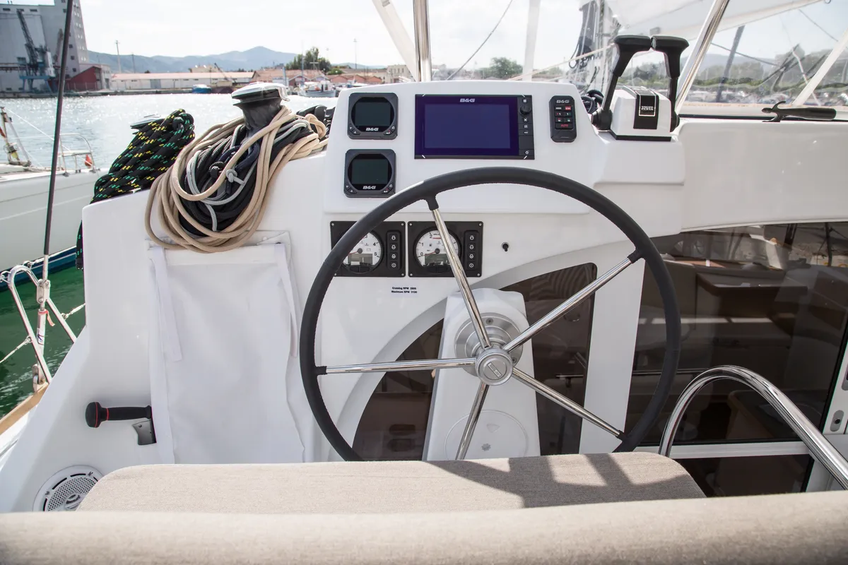 Cockpit of Calypso, a Lagoon 380 catamaran at Volos, Greece