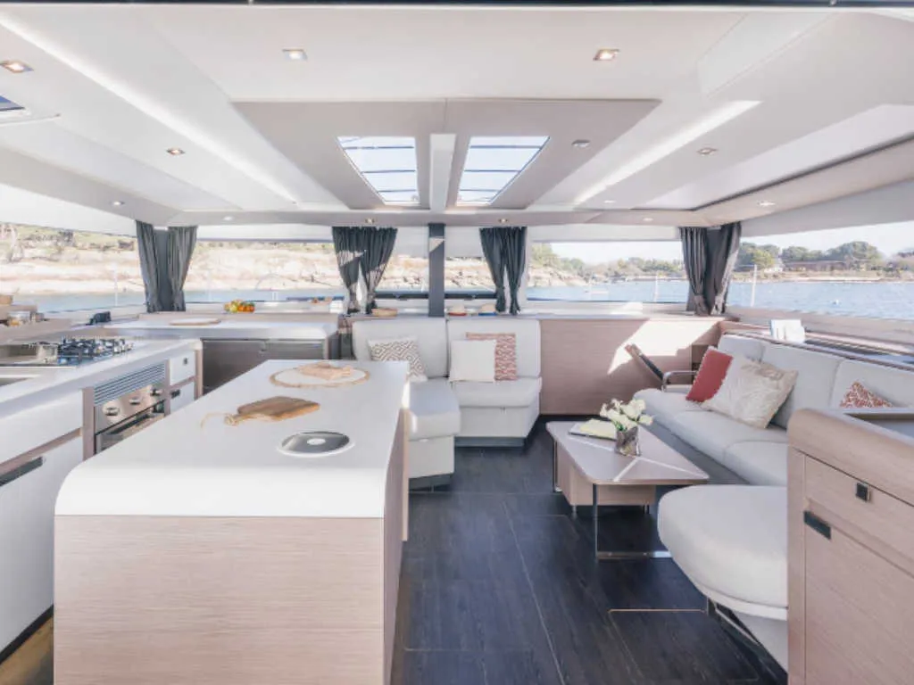 Salon of Octantis, a Fountaine Pajot Aura 51 catamaran at Porto-Vecchio, France
