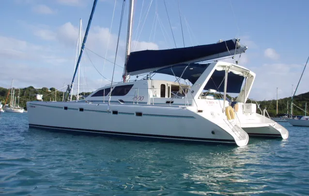 Exterior view of La Pelosa II, a Leopard 45 catamaran at Roche Caiman, Seychelles